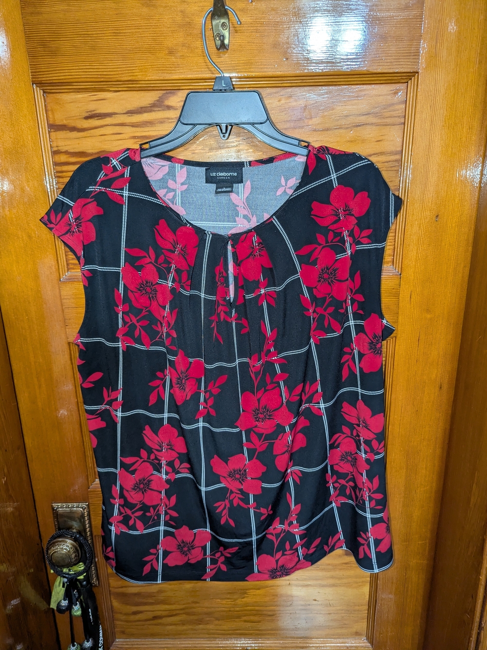 Liz Claiborne Black Top with Red Floral & Windowpane Pattern